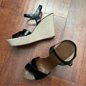 J. Crew “Lila Patent Platform Wedges” Black Strappy Sandals, Size 8